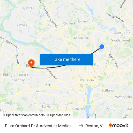 Plum Orchard Dr & Adventist Medical Cen White Oak to Reston, Virginia map