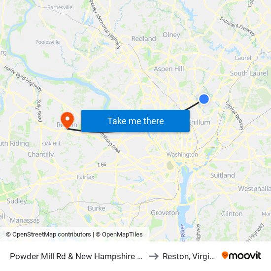 Powder Mill Rd & New Hampshire Ave to Reston, Virginia map