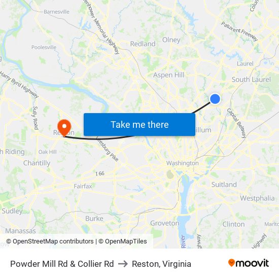 Powder Mill Rd & Collier Rd to Reston, Virginia map