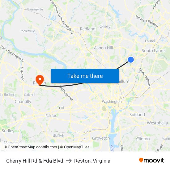 Cherry Hill Rd & Fda Blvd to Reston, Virginia map