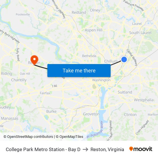 College Park Metro Station - Bay D to Reston, Virginia map