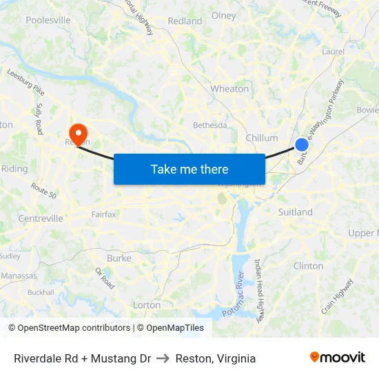 Riverdale Rd + Mustang Dr to Reston, Virginia map