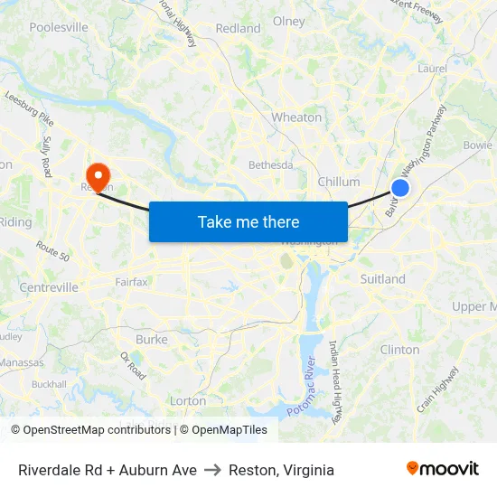 Riverdale Rd + Auburn Ave to Reston, Virginia map