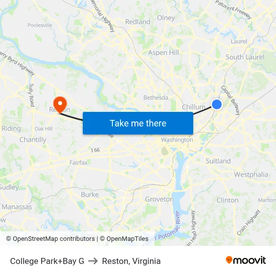 College Park+Bay G to Reston, Virginia map