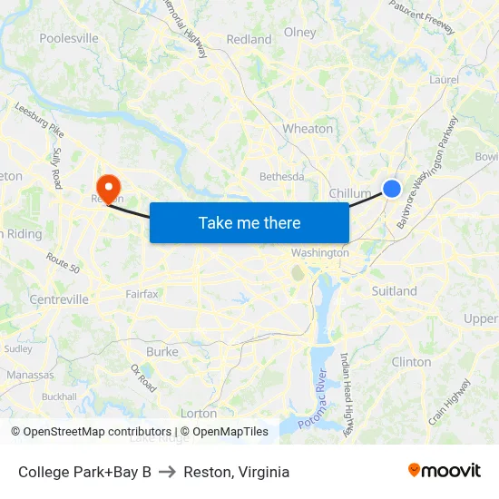 College Park+Bay B to Reston, Virginia map