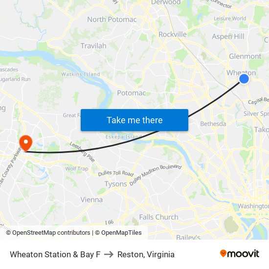 Wheaton Station & Bay F to Reston, Virginia map