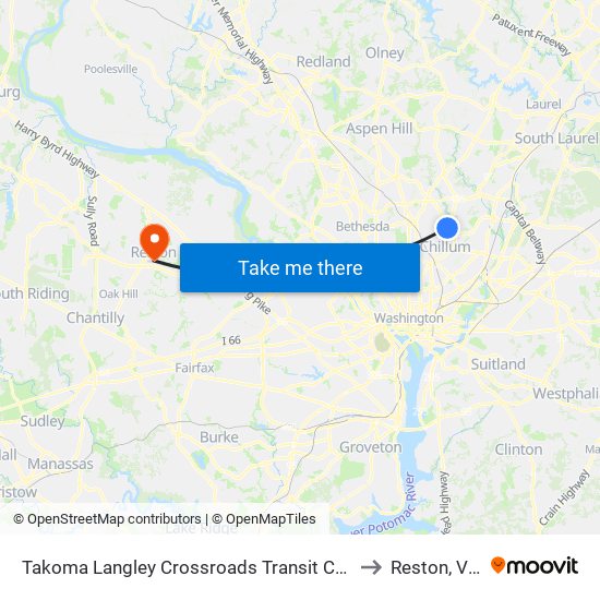 Takoma Langley Crossroads Transit Center + Bus Bay A to Reston, Virginia map