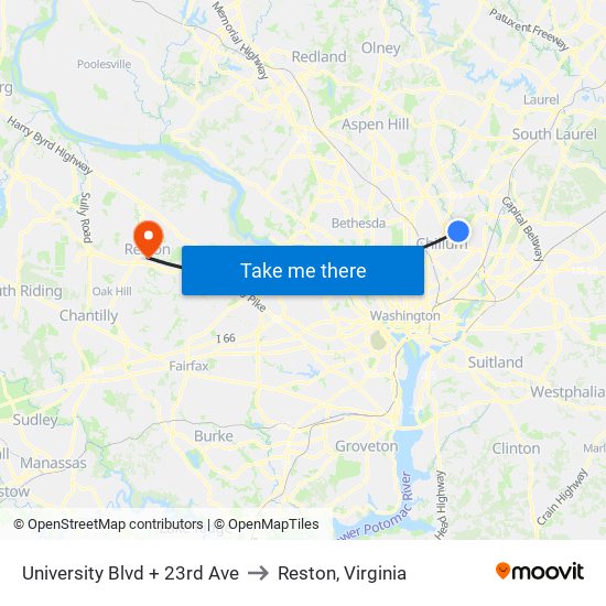 University Blvd + 23rd Ave to Reston, Virginia map