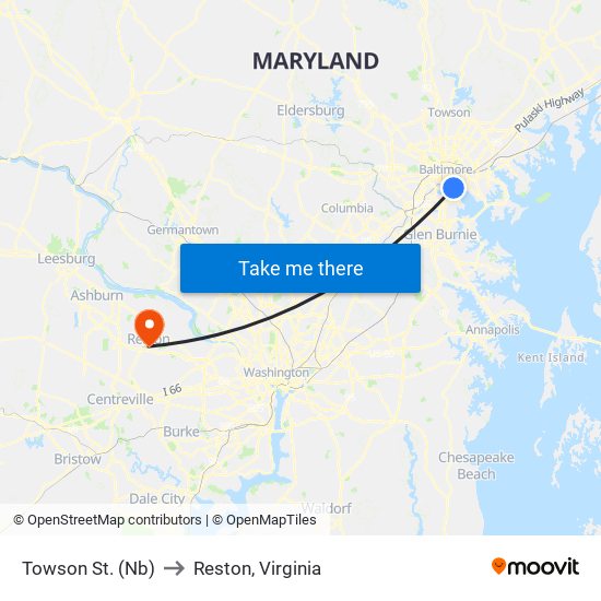 Towson St. (Nb) to Reston, Virginia map