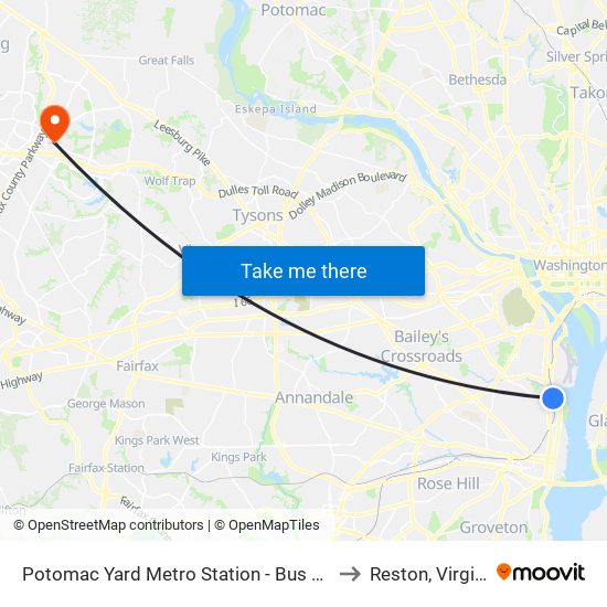 Potomac Yard Metro Station - Bus Bay A to Reston, Virginia map