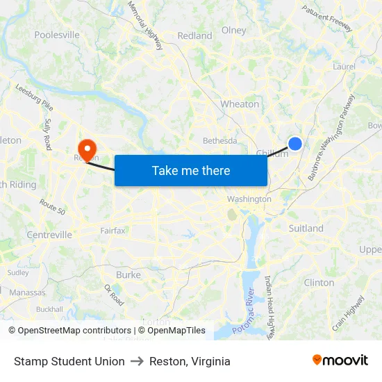 Stamp Student Union to Reston, Virginia map