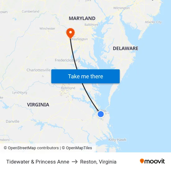 Tidewater & Princess Anne to Reston, Virginia map