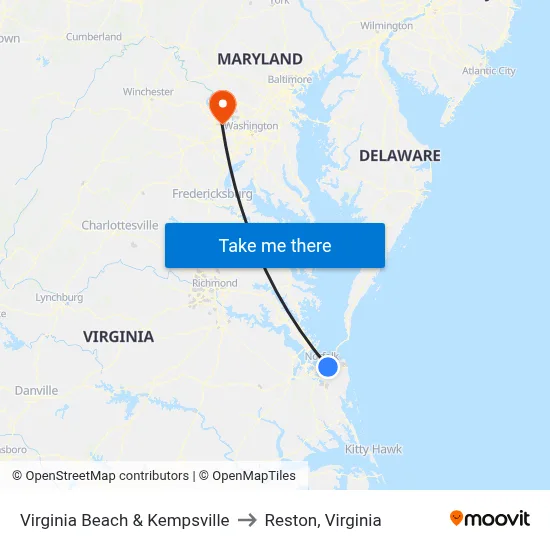 Virginia Beach & Kempsville to Reston, Virginia map