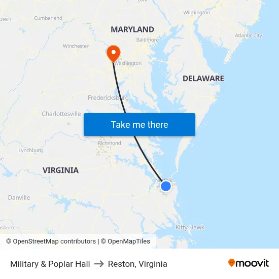 Military & Poplar Hall to Reston, Virginia map