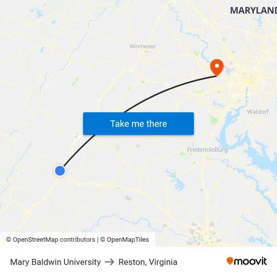 Mary Baldwin University to Reston, Virginia map