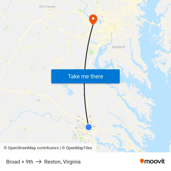 Broad + 9th to Reston, Virginia map