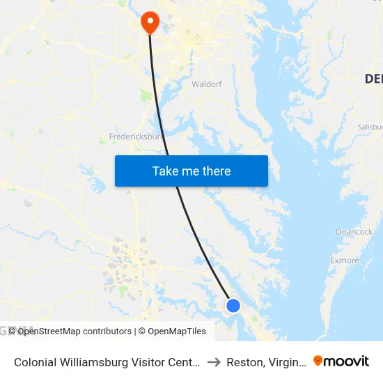 Colonial Williamsburg Visitor Center to Reston, Virginia map