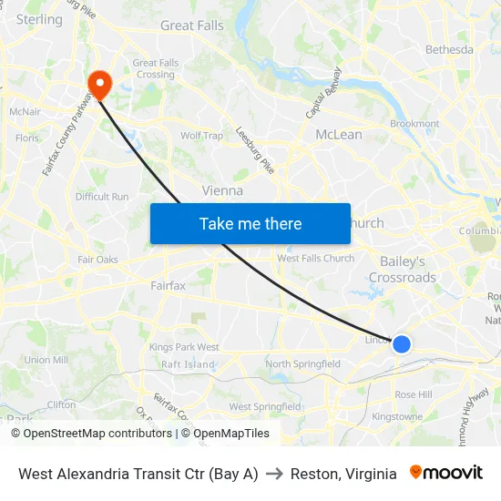 West Alexandria Transit Ctr (Bay A) to Reston, Virginia map