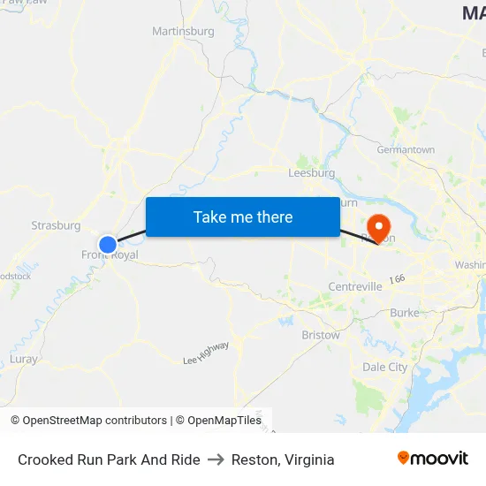 Crooked Run Park And Ride to Reston, Virginia map