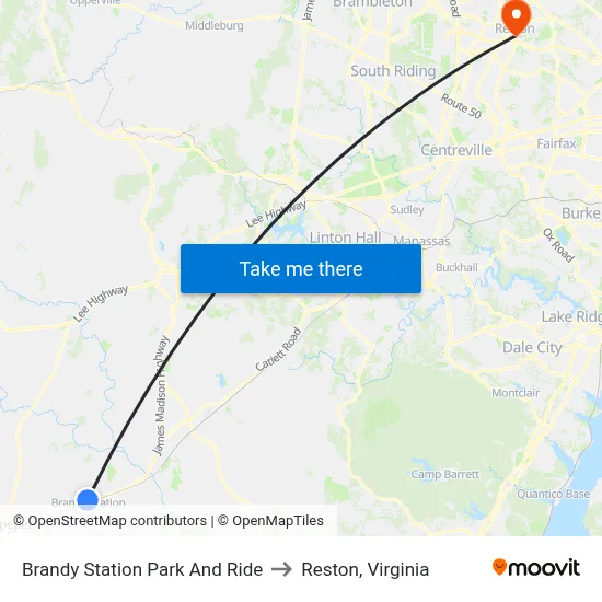 Brandy Station Park And Ride to Reston, Virginia map