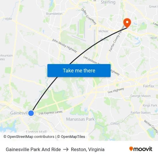Gainesville Park And Ride to Reston, Virginia map