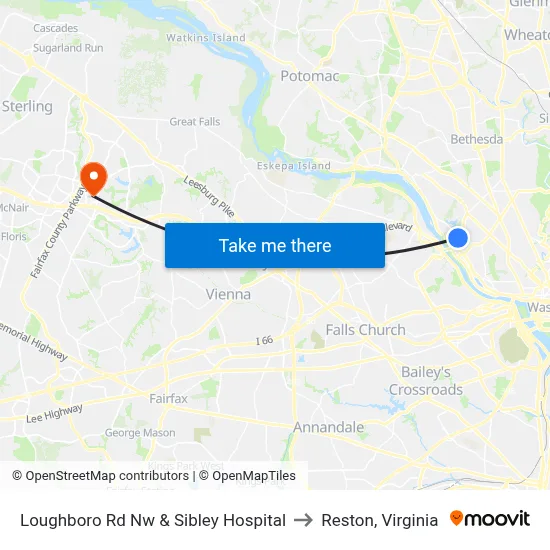 Loughboro Rd Nw & Sibley Hospital to Reston, Virginia map