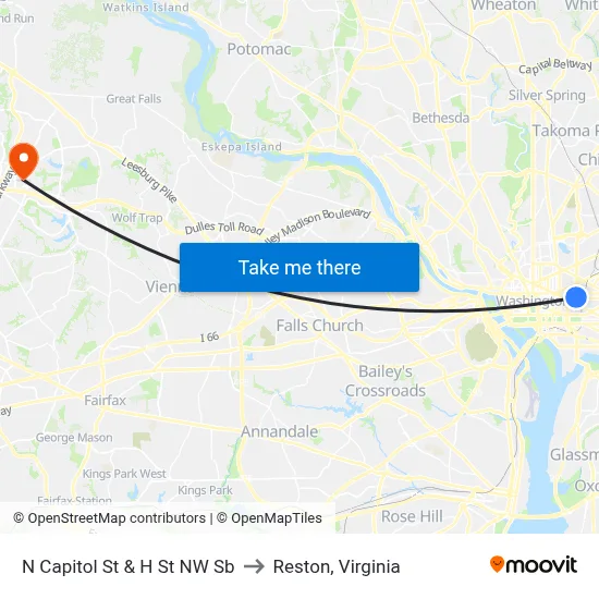 N Capitol St & H St NW Sb to Reston, Virginia map