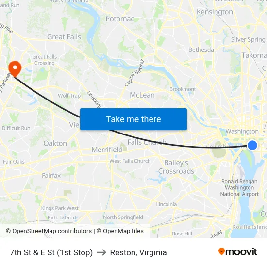 7th St & E St (1st Stop) to Reston, Virginia map
