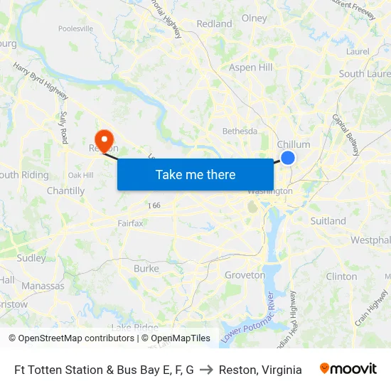 Ft Totten Station & Bus Bay E, F, G to Reston, Virginia map