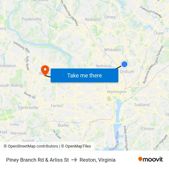 Piney Branch Rd & Arliss St to Reston, Virginia map