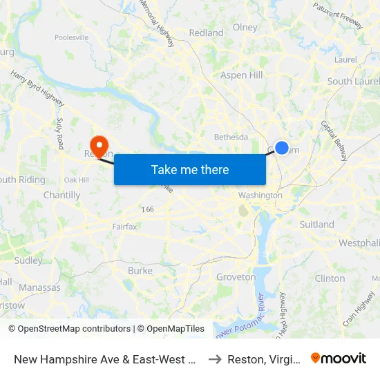 New Hampshire Ave & East-West Hwy to Reston, Virginia map