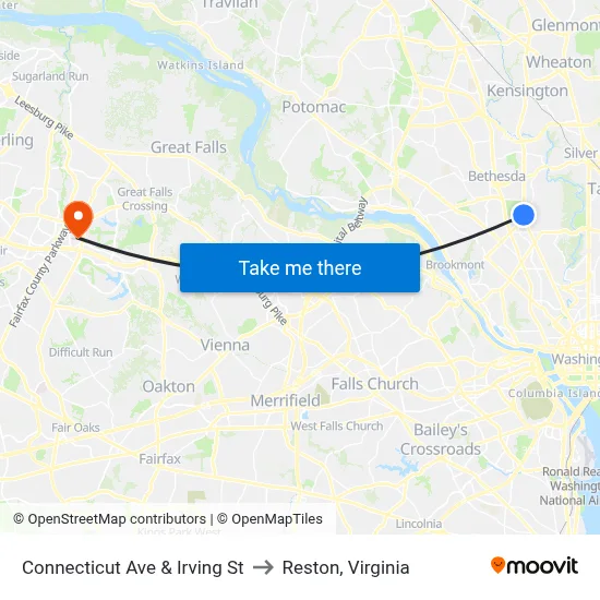 Connecticut Ave & Irving St to Reston, Virginia map