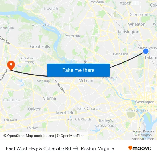 East West Hwy & Colesville Rd to Reston, Virginia map