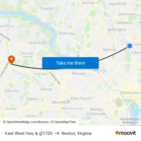 East West Hwy & @1703 to Reston, Virginia map