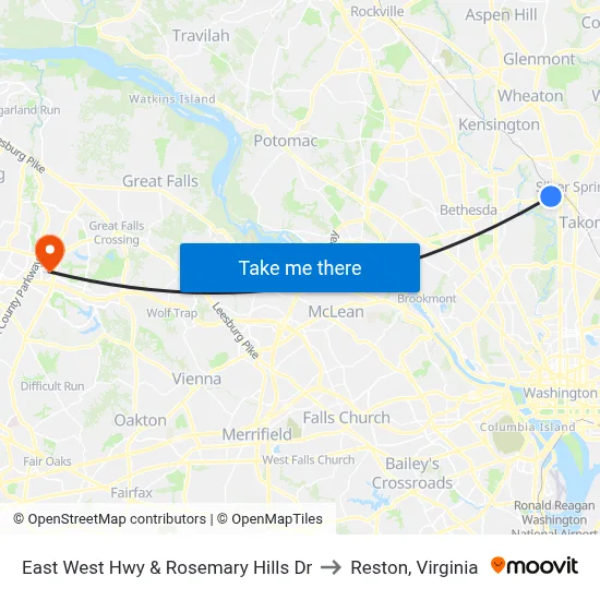 East West Hwy & Rosemary Hills Dr to Reston, Virginia map