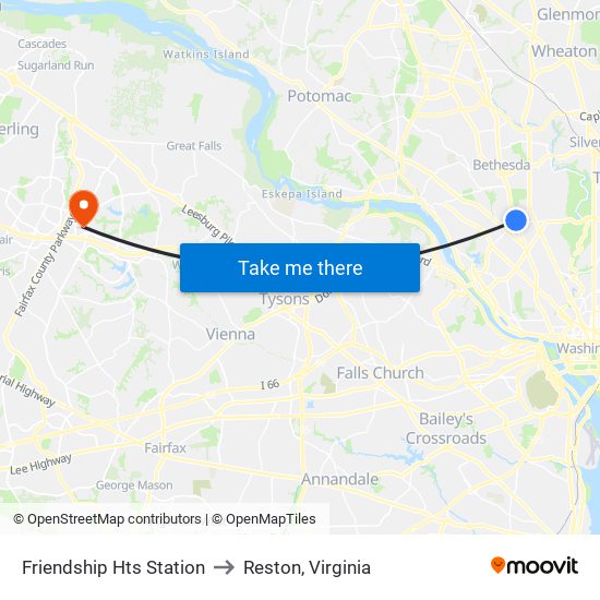 Friendship Hts Station to Reston, Virginia map