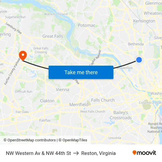 NW Western Av & NW 44th St to Reston, Virginia map