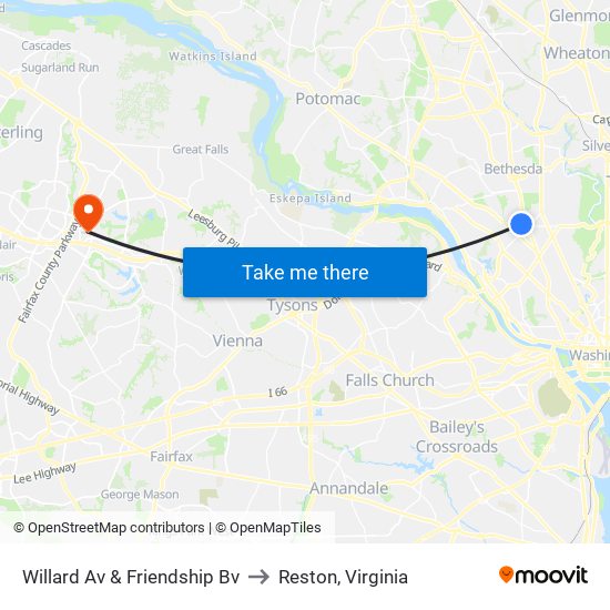 Willard Av & Friendship Bv to Reston, Virginia map