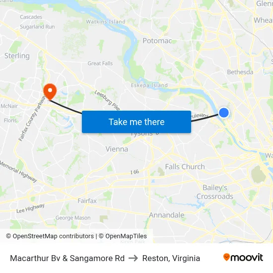 Macarthur Bv & Sangamore Rd to Reston, Virginia map