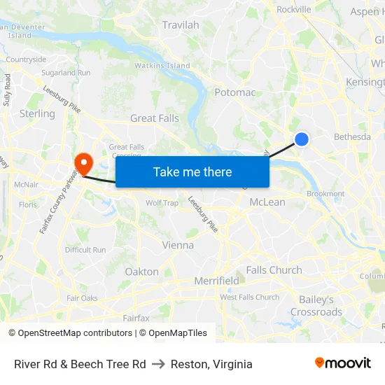 River Rd & Beech Tree Rd to Reston, Virginia map