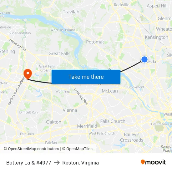 Battery La & #4977 to Reston, Virginia map