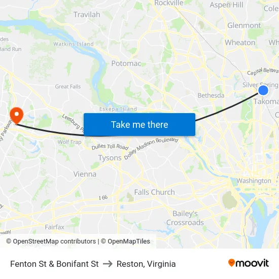 Fenton St & Bonifant St to Reston, Virginia map