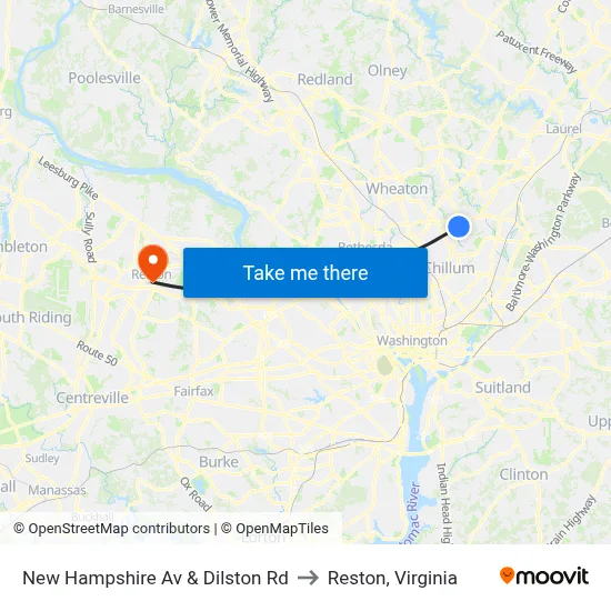 New Hampshire Av & Dilston Rd to Reston, Virginia map