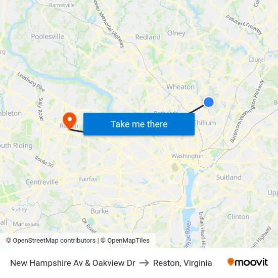 New Hampshire Av & Oakview Dr to Reston, Virginia map