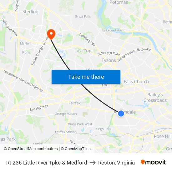 Rt 236 Little River Tpke & Medford to Reston, Virginia map