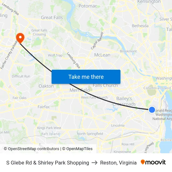 S Glebe Rd & Shirley Park Shopping to Reston, Virginia map