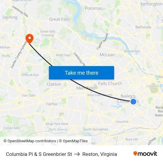 Columbia Pi & S Greenbrier St to Reston, Virginia map