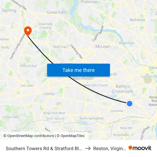 Southern Towers Rd & Stratford Bldg to Reston, Virginia map