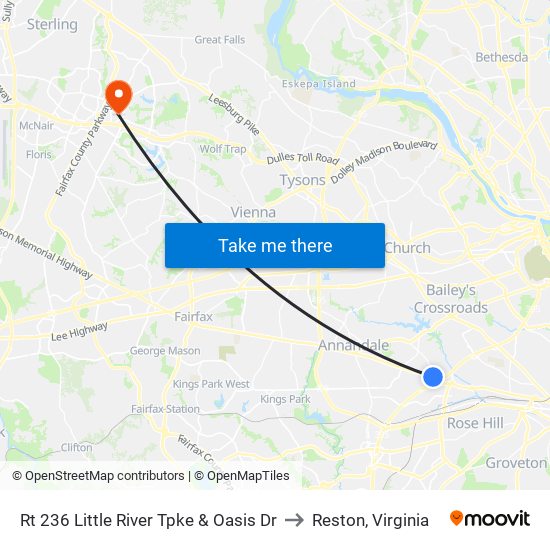 Rt 236 Little River Tpke & Oasis Dr to Reston, Virginia map