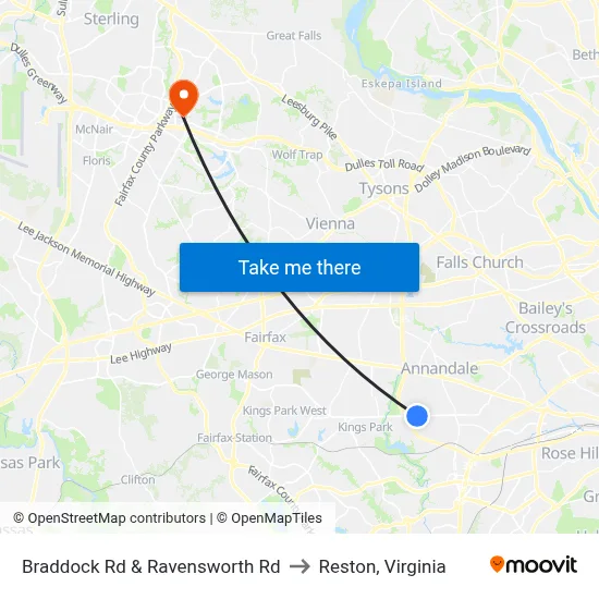 Braddock Rd & Ravensworth Rd to Reston, Virginia map